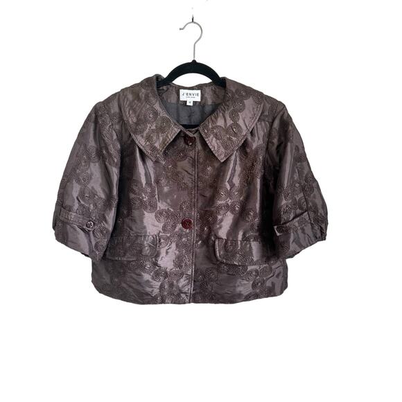 J’ENVIE New York Brown Cropped Jackert With Floral Jacquard Pattern Sz. 10 - Picture 1 of 6